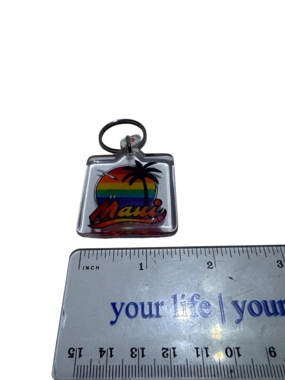 Maui Acrylic Keychain With Rainbow Sunset & Palm Tree Design Pre-Owned